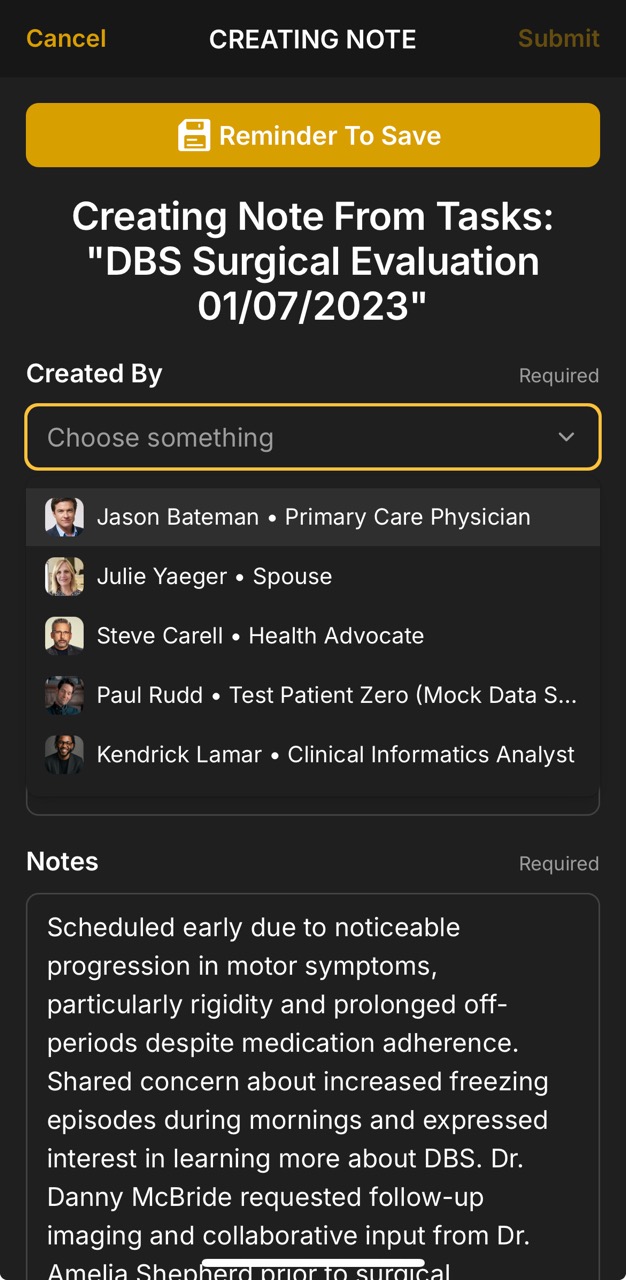 Tasks Detail Page (DBS Surgical Eval, Create Note, Created By Option)